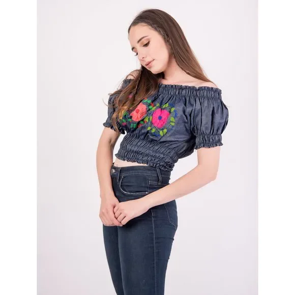 Mexican Denim Off the Shoulder Blouse Coqueta - Picture 2 of 4